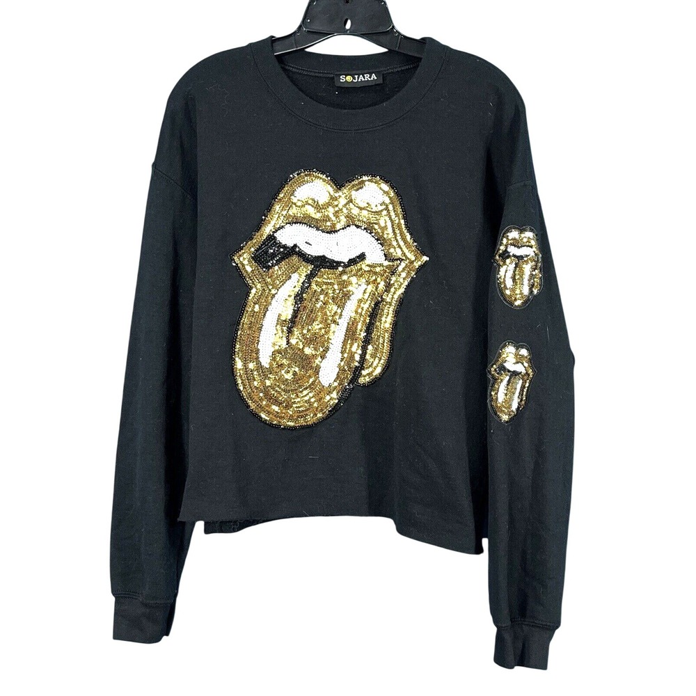SOJARA RolIing Stones SEQUIN OPEN MOUTH/TONGUE Cut Hem CROPPED SWEATSHIRT Sz M